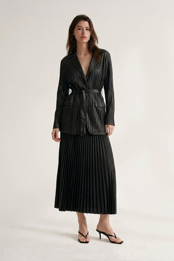 Kylie Vegan Leather Plissé Belted Blazer Jacket