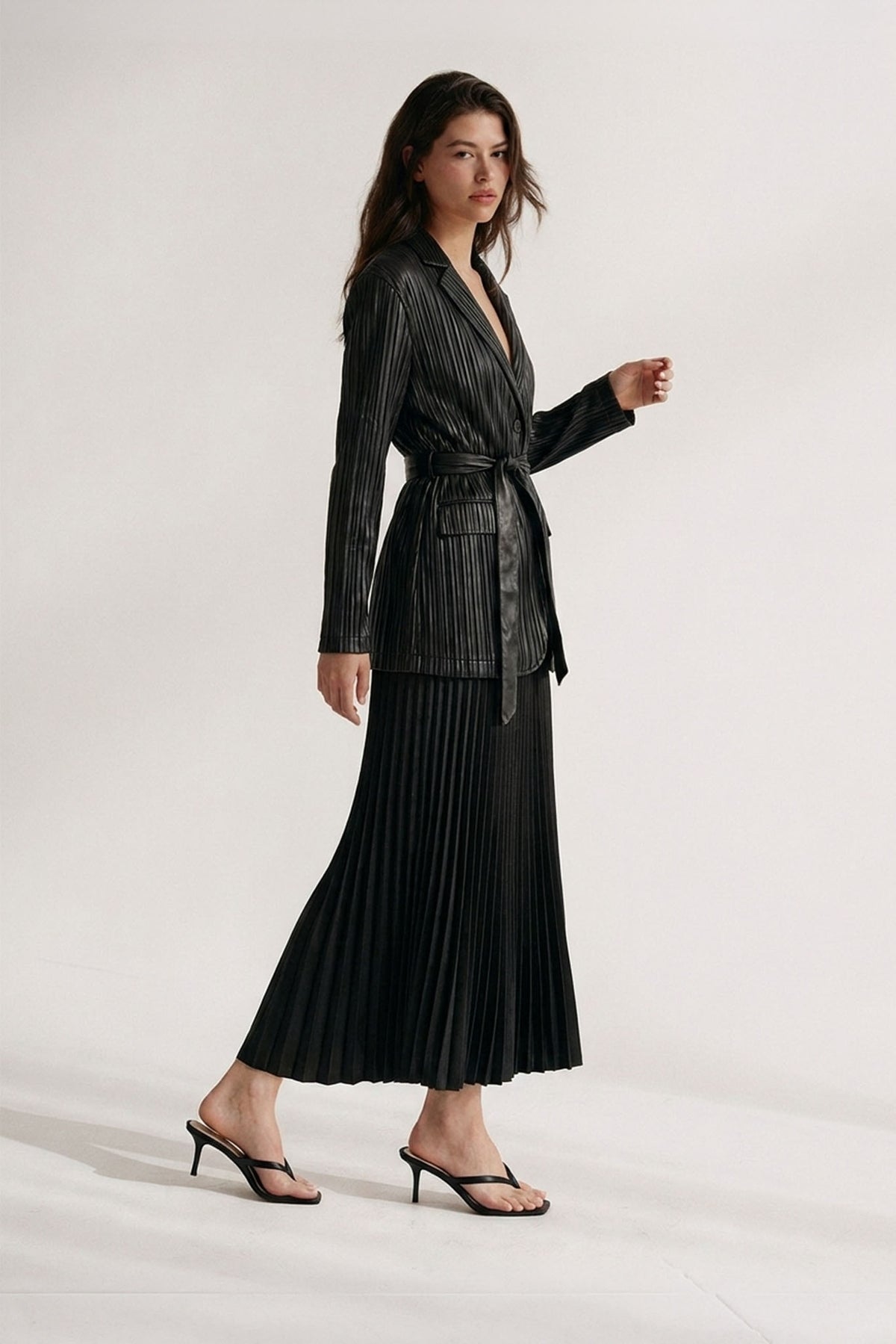 Kylie Vegan Leather Plissé Belted Blazer Jacket