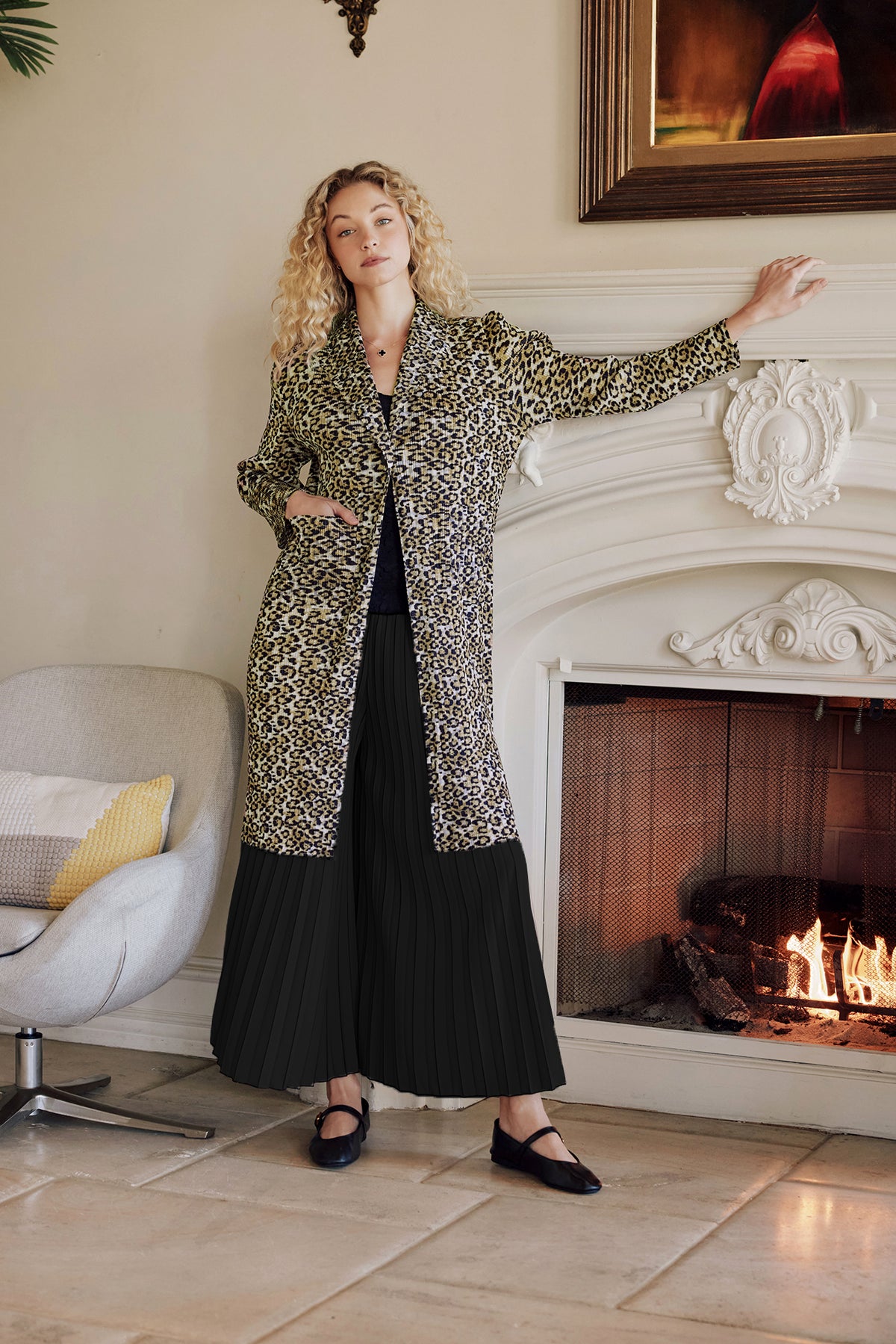 Ria Leopard Printed Plissé Satin Coat - Olive Mix