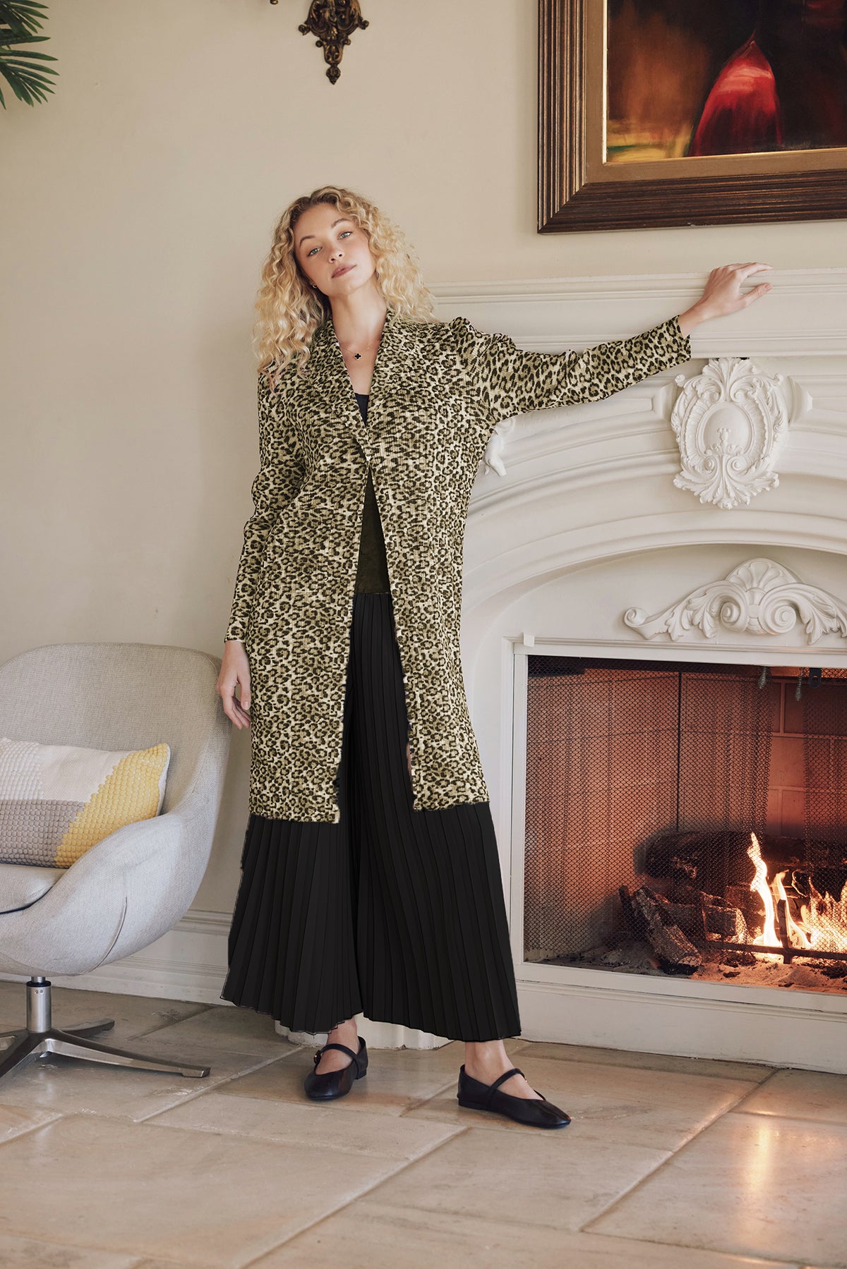 Ria Leopard Printed Plissé Satin Coat - Olive Mix