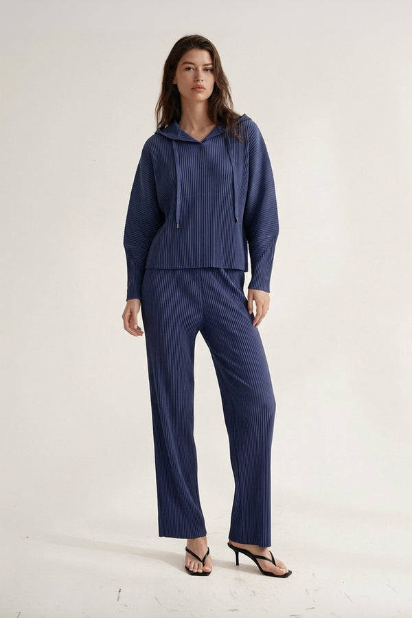 Vivian Hooded Double Knit Plissé Pull Over - Midnight Tide