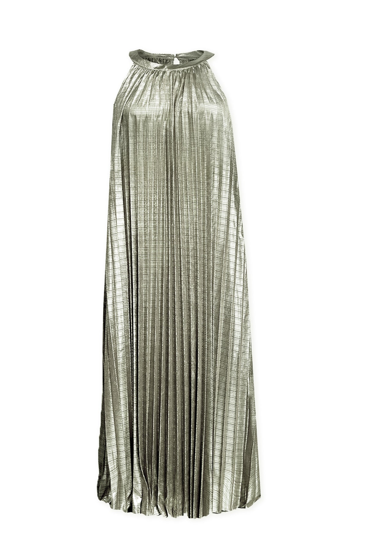 Aurora Metallic Halter Pleated Dress