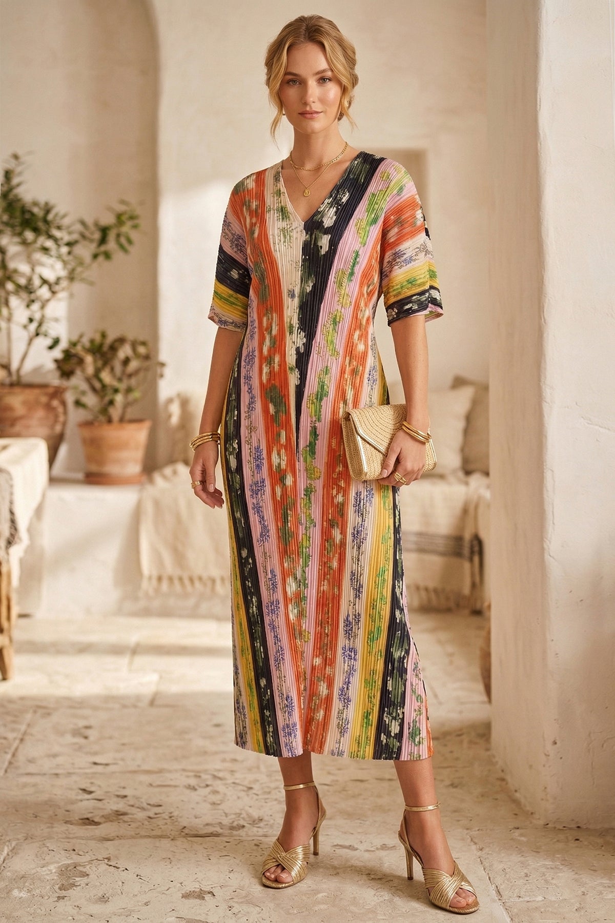 Dahlia Floral Plissé Kaftan Dress