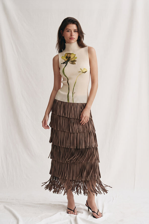 Akira Fringe Plissé Satin Skirt