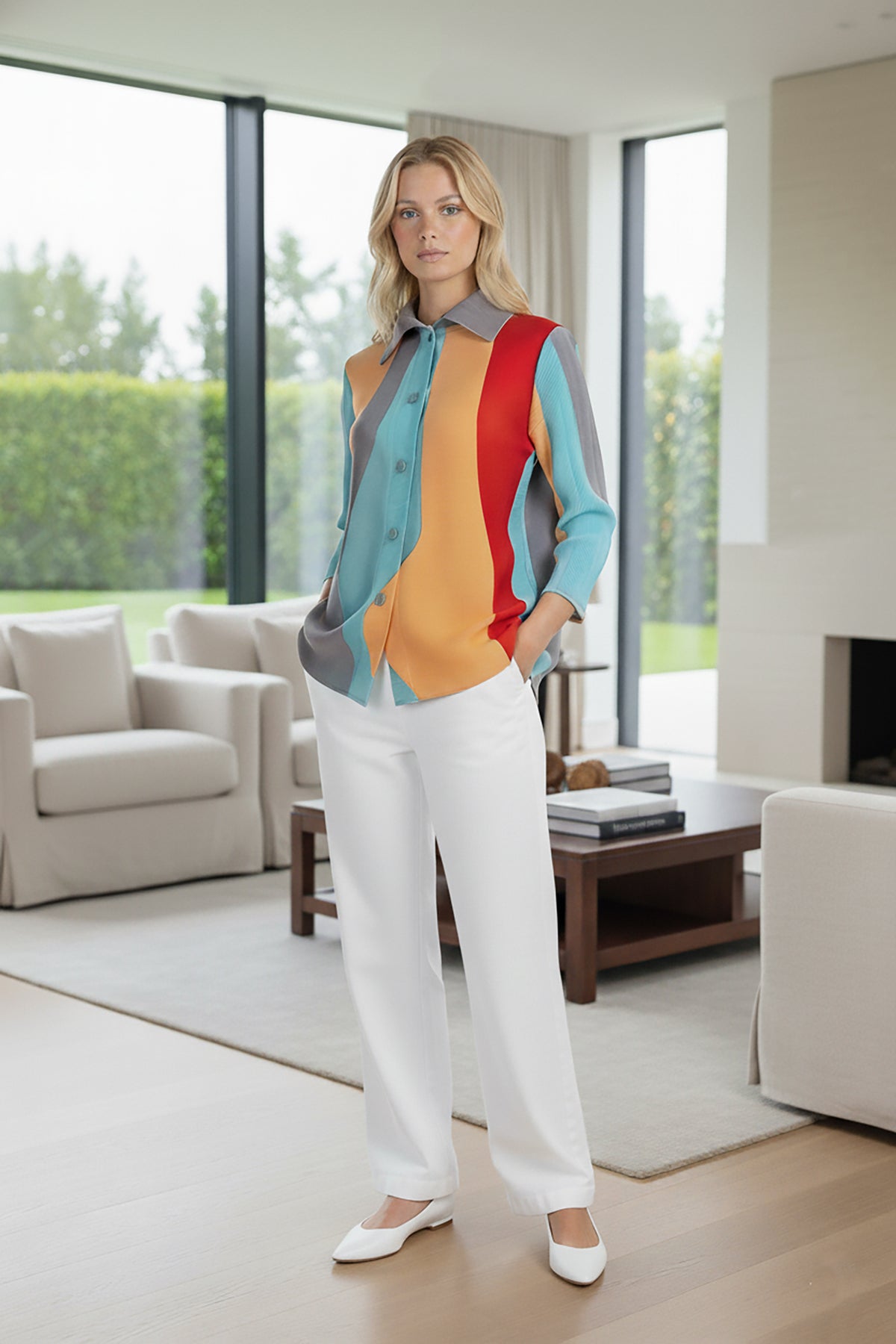 Lily Flow Crystal Pleats Shirt - Aqua