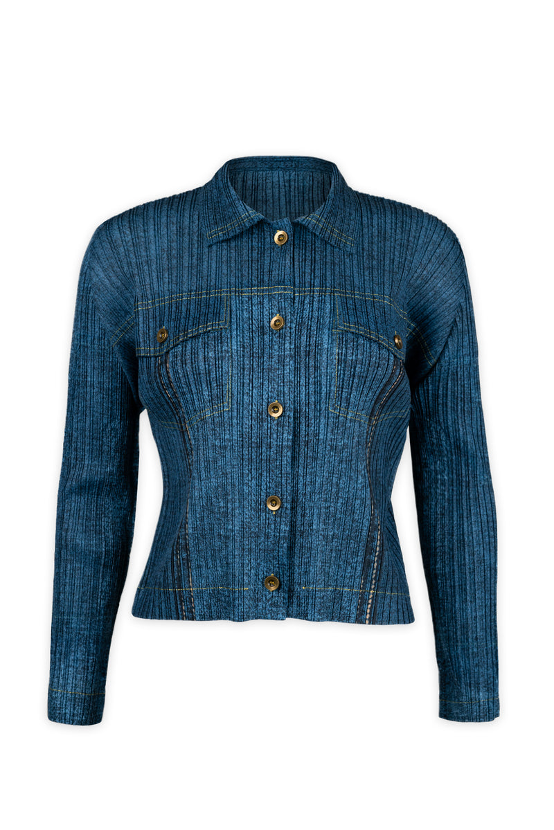 Martha Denim Print Plissé Satin Blouse