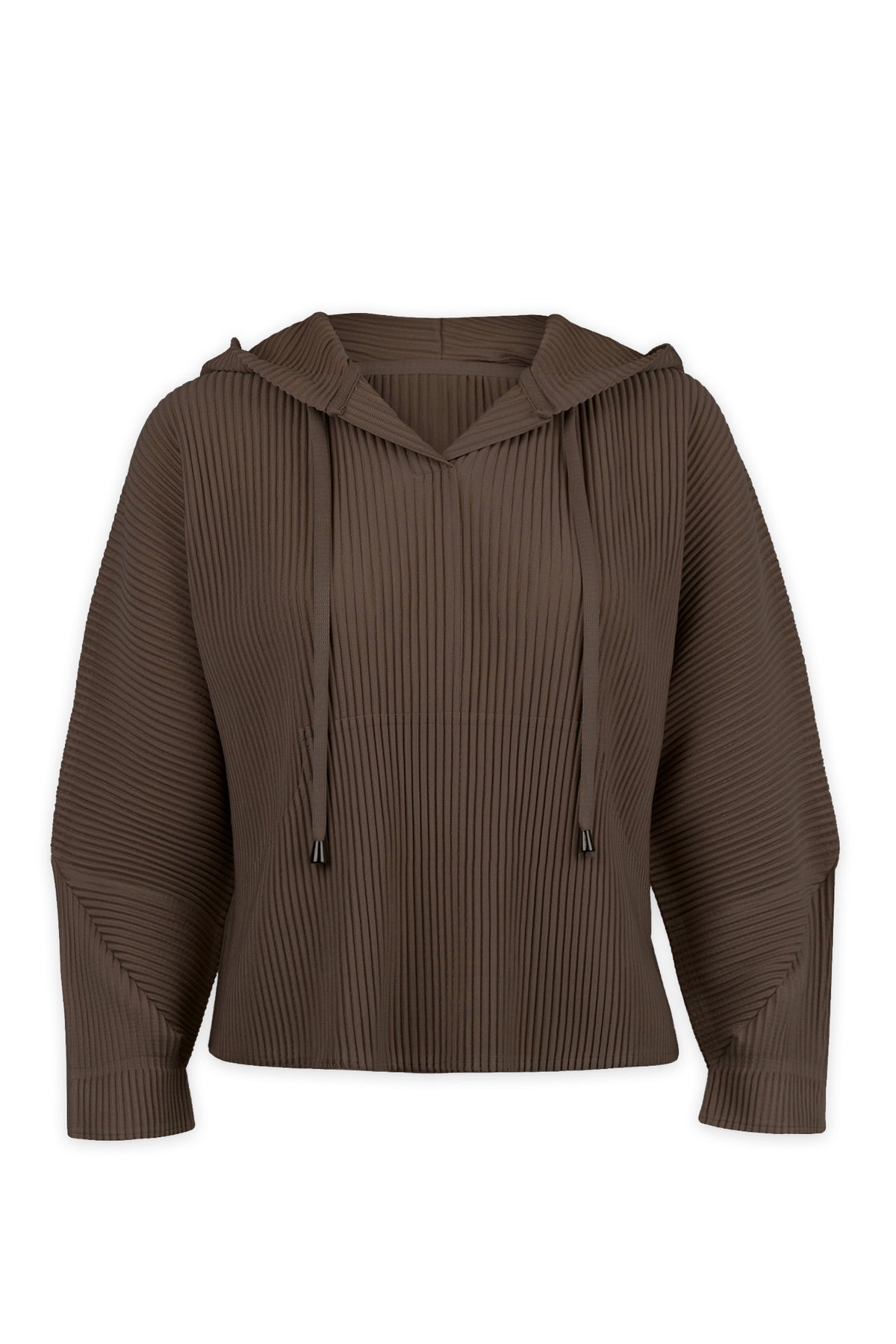 Vivian Hooded Double Knit Plissé Pull Over - Chocolate
