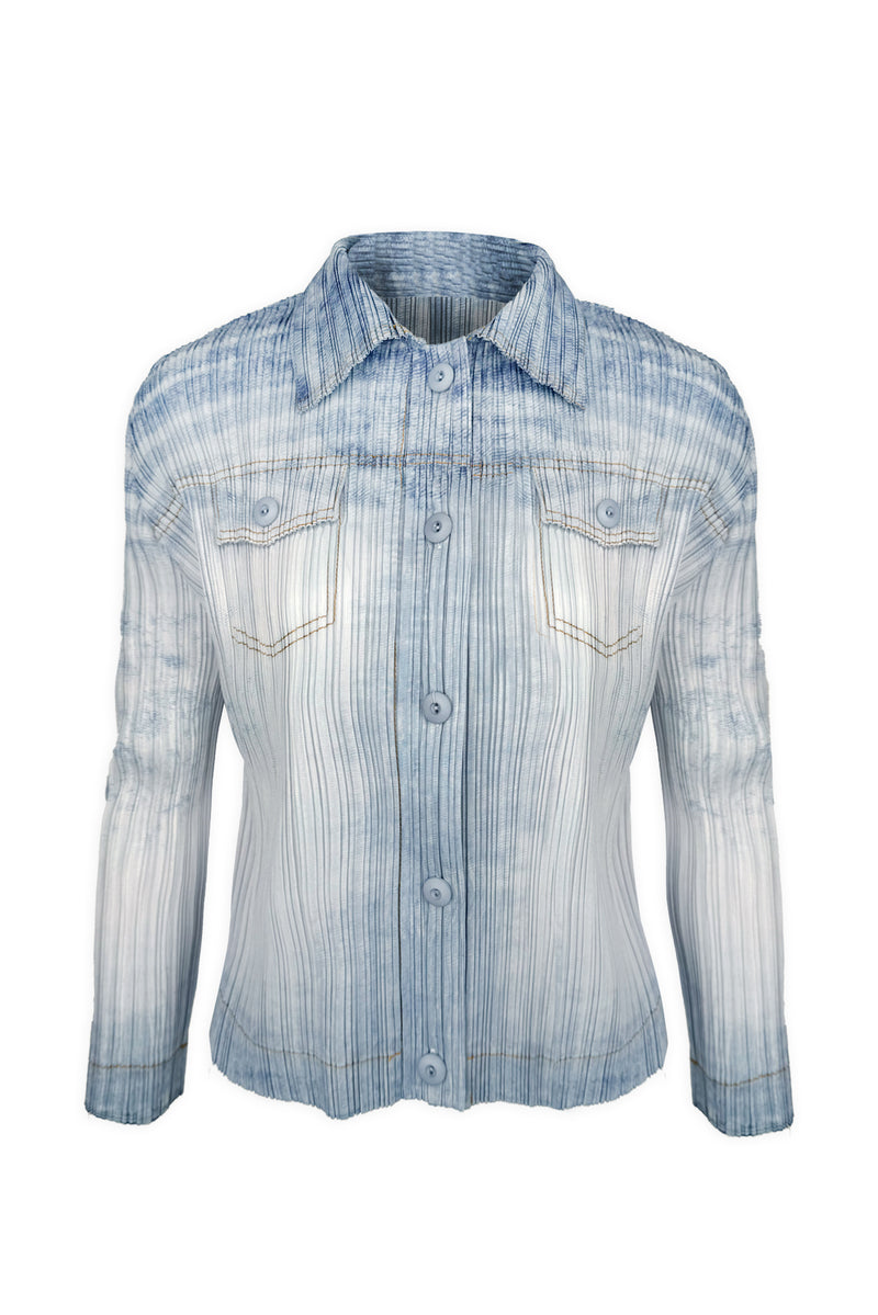 Lauren Denim Print Plissé Satin Blouse