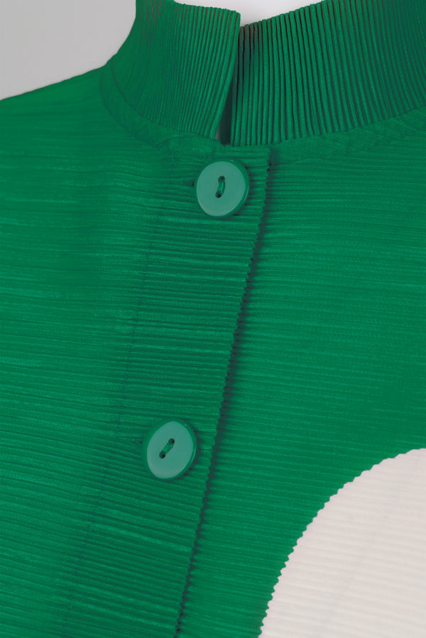 Mari Dot Print Mandarin Collar Crystal Pleats Shirt - Green