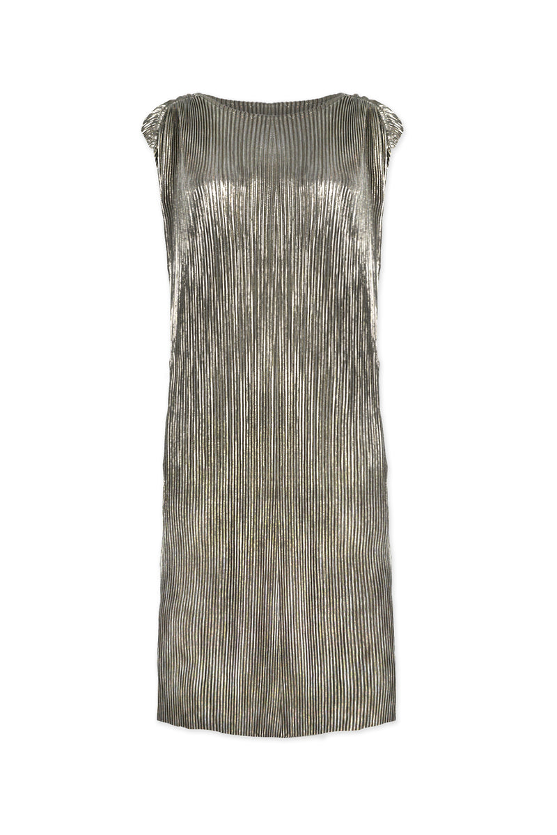 Victoria Gold Plissé Satin Cap-Sleeve Dress