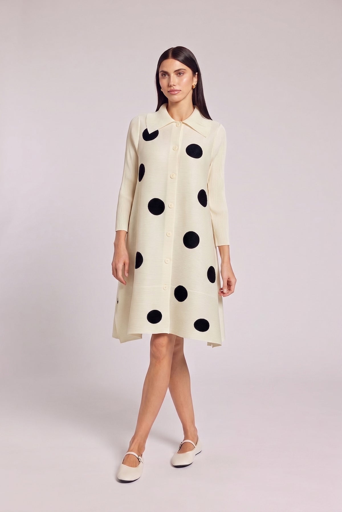 Mari Dot Crystal Pleated Dress/Jacket - Ivory/Ink Black