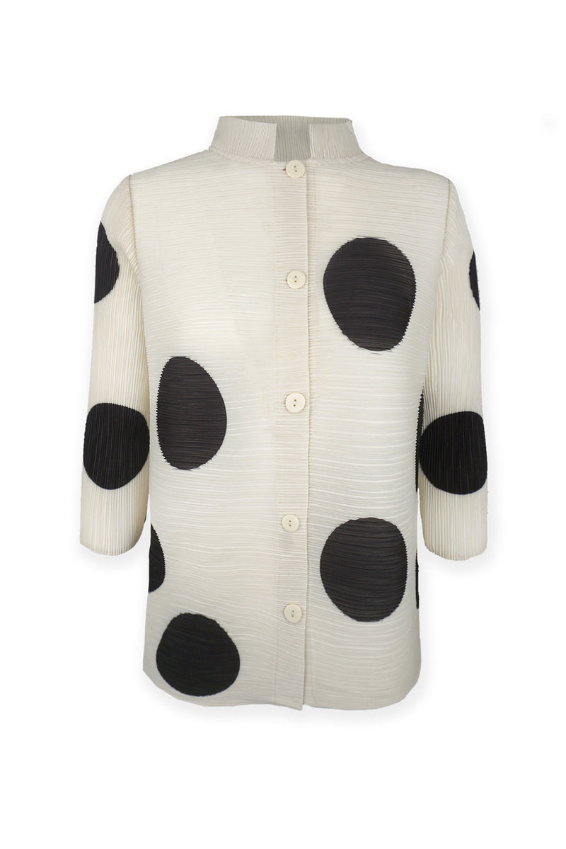 Mari Dot Print Mandarin Collar Crystal Pleats Shirt