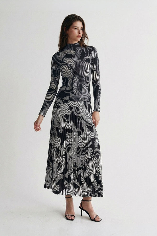 Graphic Clouds Pleated Skirt