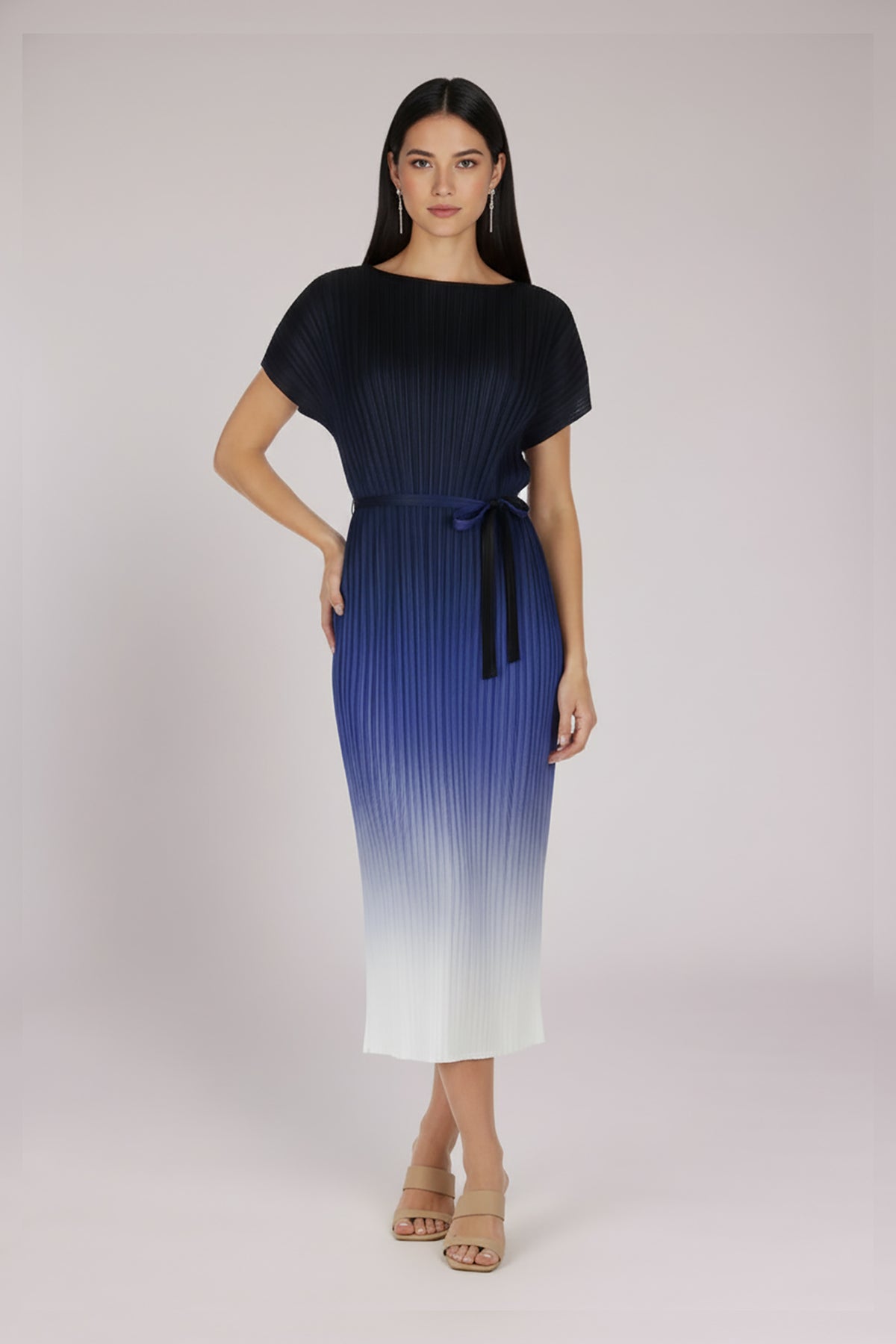 Valentina Ombre Plissé Satin Cap-Sleeve Dress