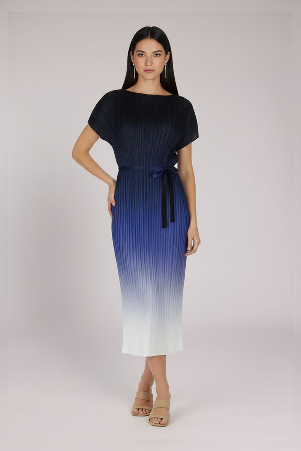 Valentina Ombre Plissé Satin Cap-Sleeve Dress