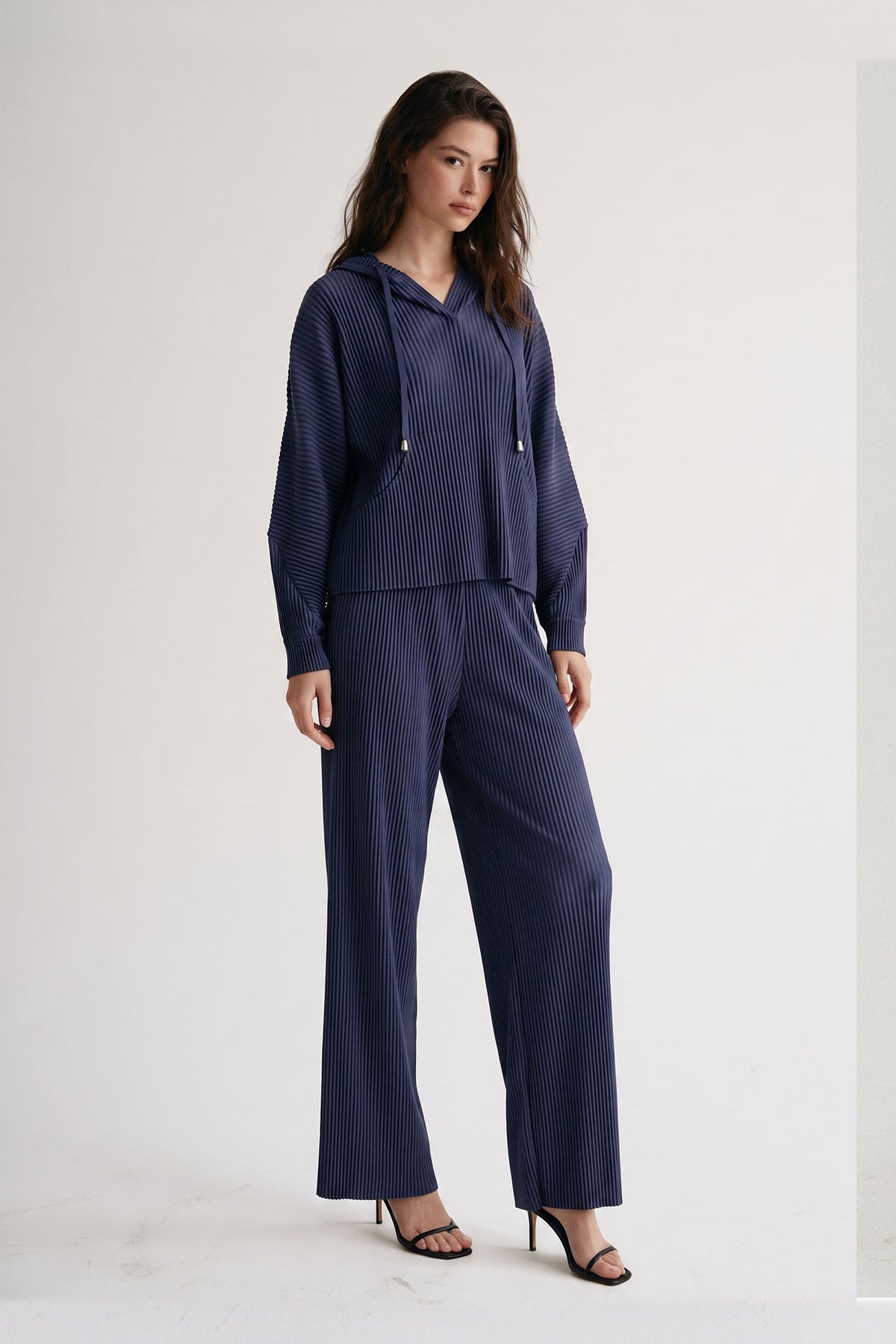 Vivian Hooded Double Knit Plissé Pull Over - Midnight Tide