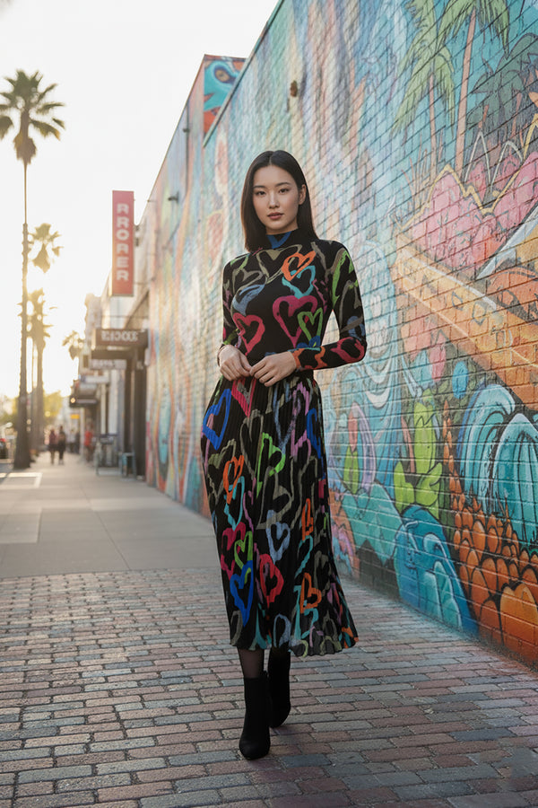 Ava Hearts Print Pleated Skirt