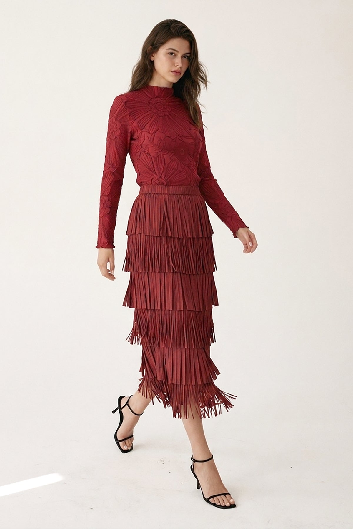 Akira Fringe Plissé Satin Skirt