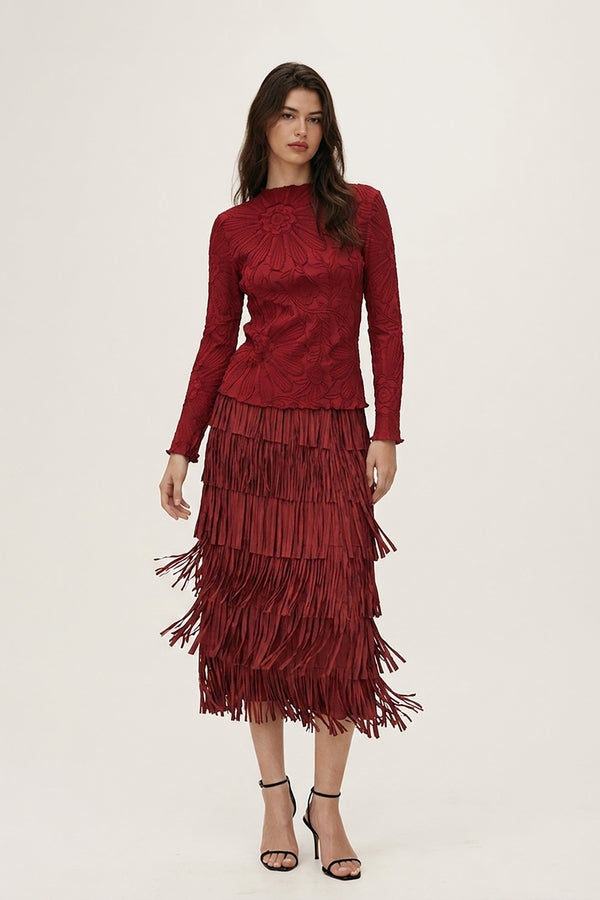 Akira Fringe Plissé Satin Skirt