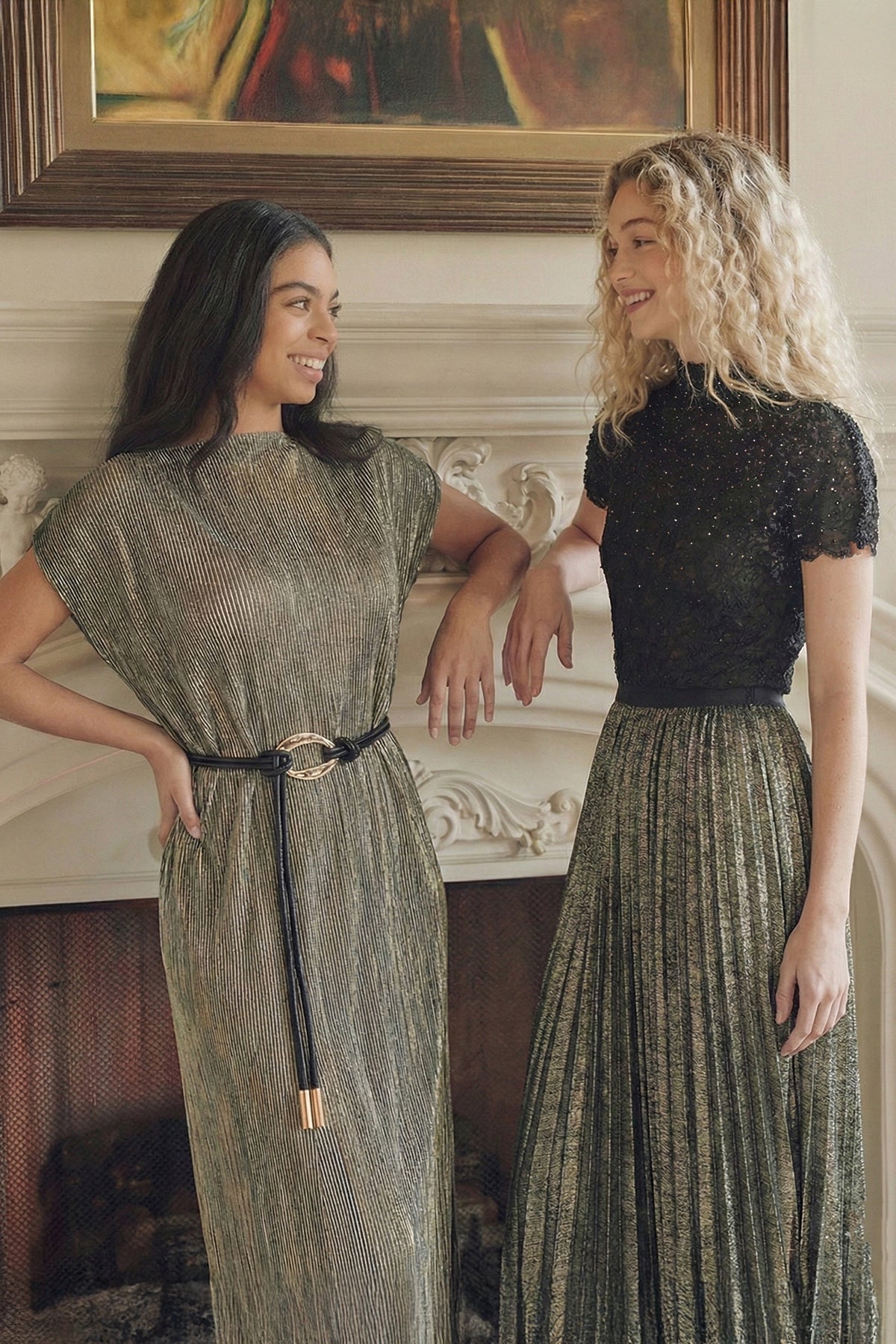 Victoria Gold Plissé Satin Cap-Sleeve Dress