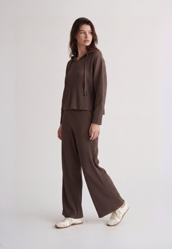 Vivian Hooded Double Knit Plissé Pull Over - Chocolate