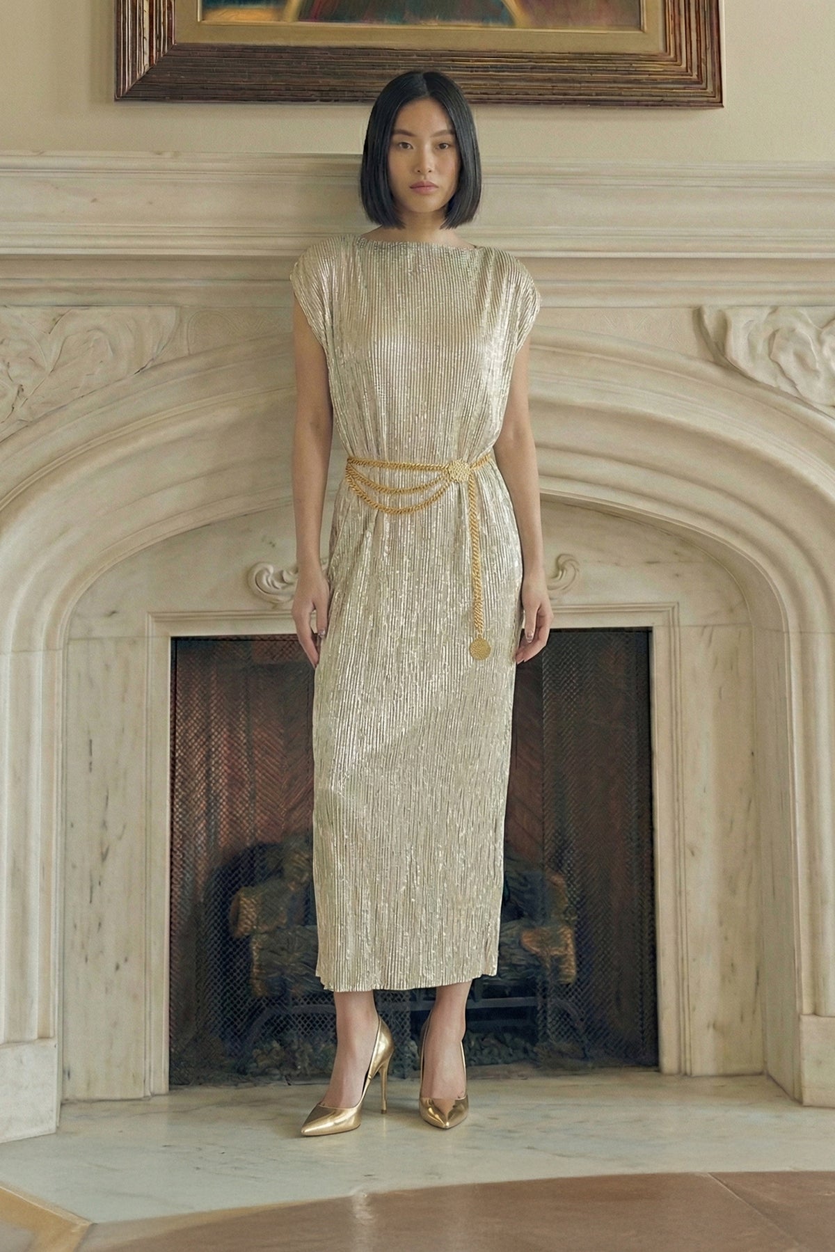 Victoria Goddess Gold Plissé Satin  Dress