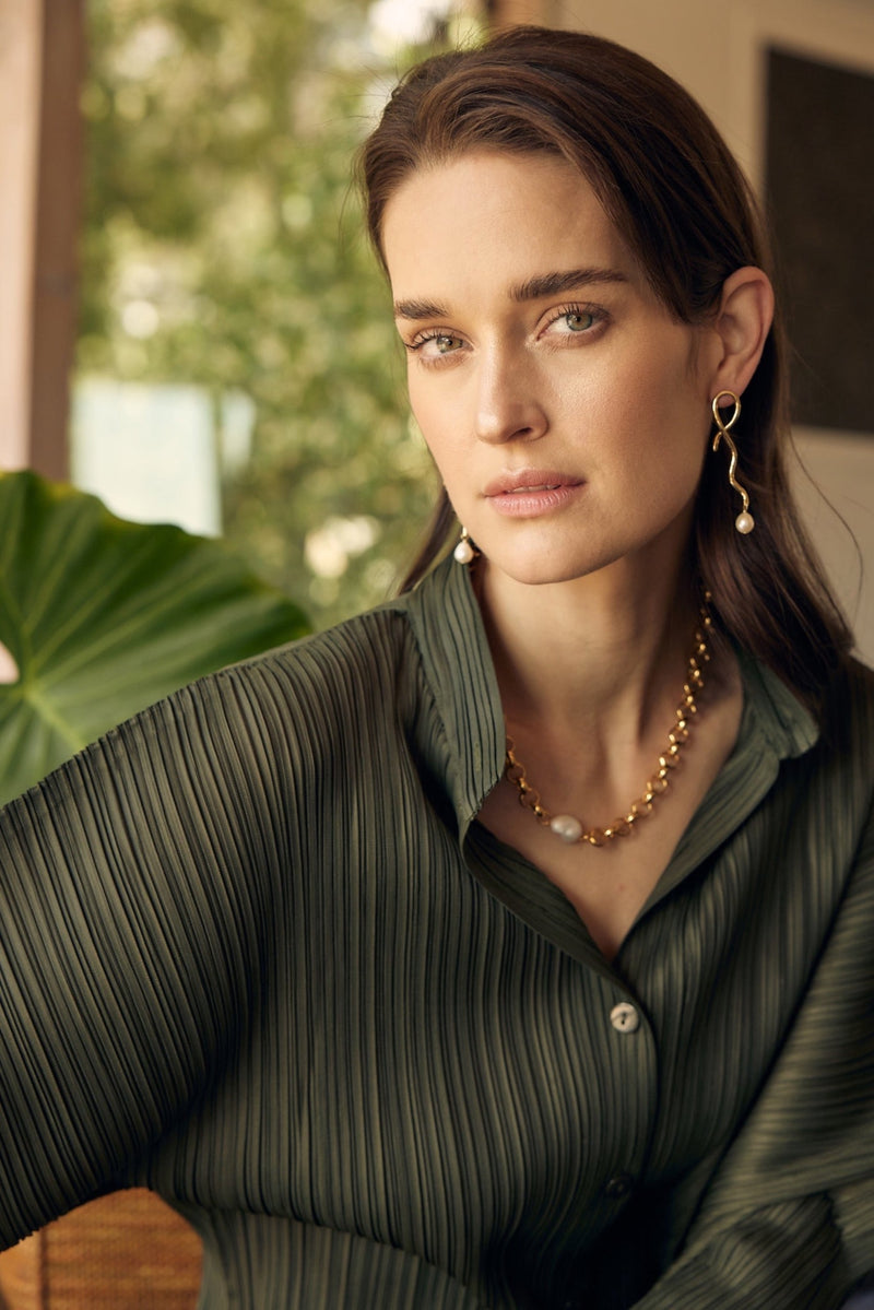 Grace Curve Sleeves Plissé Satin Blouse