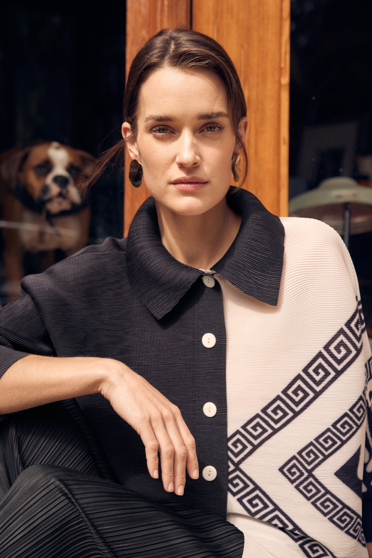 Charlyn Graphic Animal Crystal Pleats Shirt